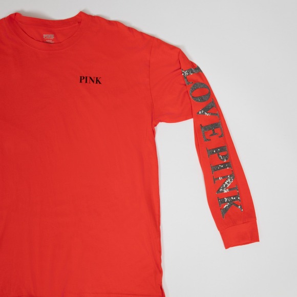 PINK Victoria's Secret Long Sleeve T-Shirt Love Sequin Red Women's Top‎ Medium - Picture 3 of 14